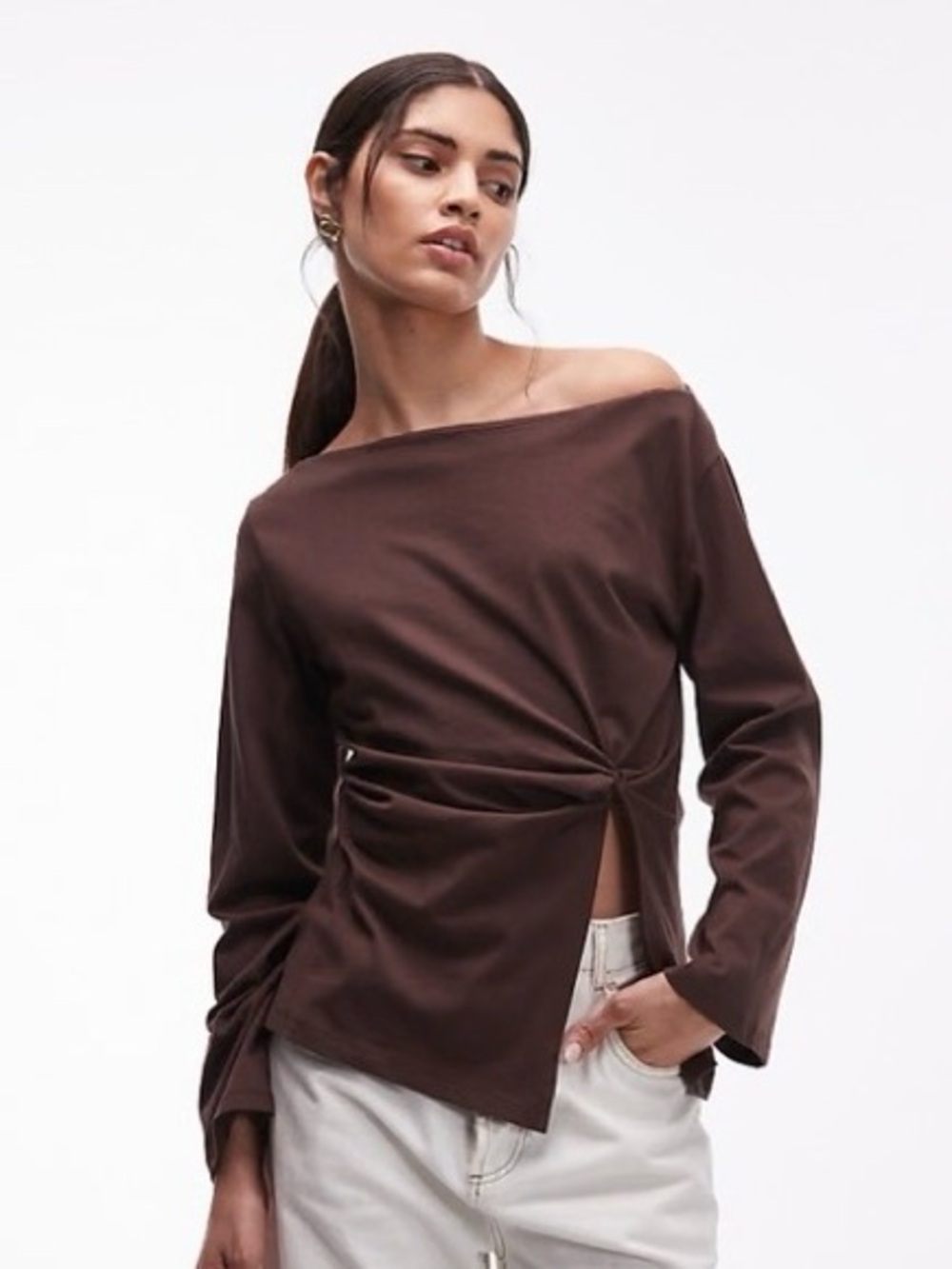 ASOS Design Twist-Detail Long Sleeve Top in Chocolate Brown